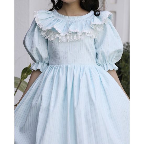 صورة فستان بناتي مقلم بياقة كشكشة انسيابية | ألوان (سماوي، لحمي) - 1143